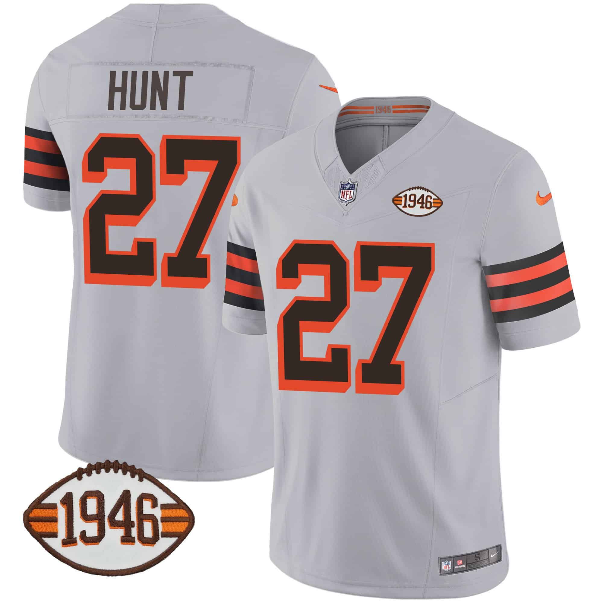 Men Cleveland Browns #27 Hunt Grey 1946 75th Anniversary Patch 2024 Nike NFL Jersey